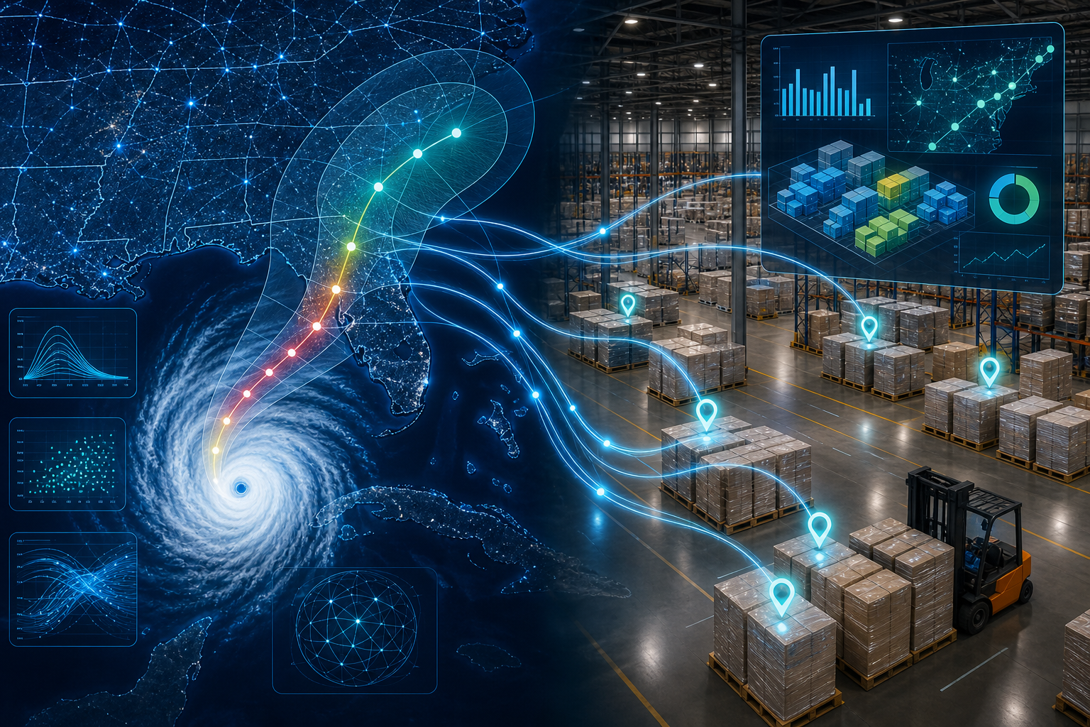 AI hurricane forecast map connected to warehouse inventory optimization overlays