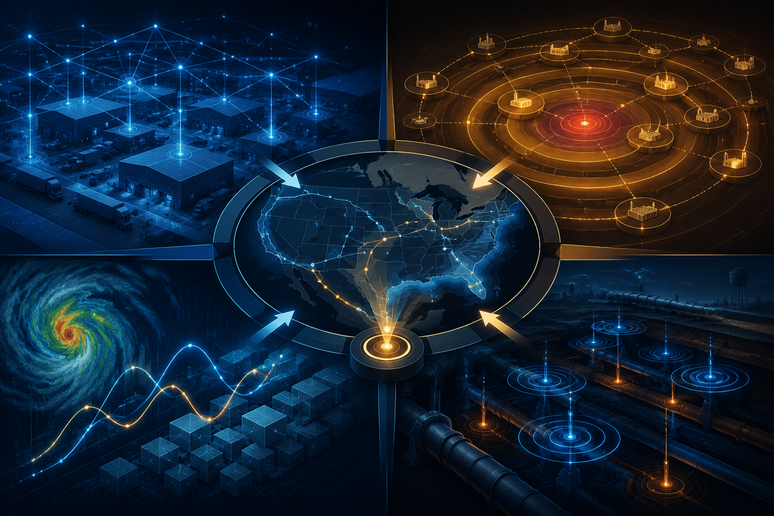 Four-quadrant illustration of supply chain digital twin, layered supplier risk scoring, weather and demand forecasting, and infrastructure sensor nodes converging on a flood-risk decision point.