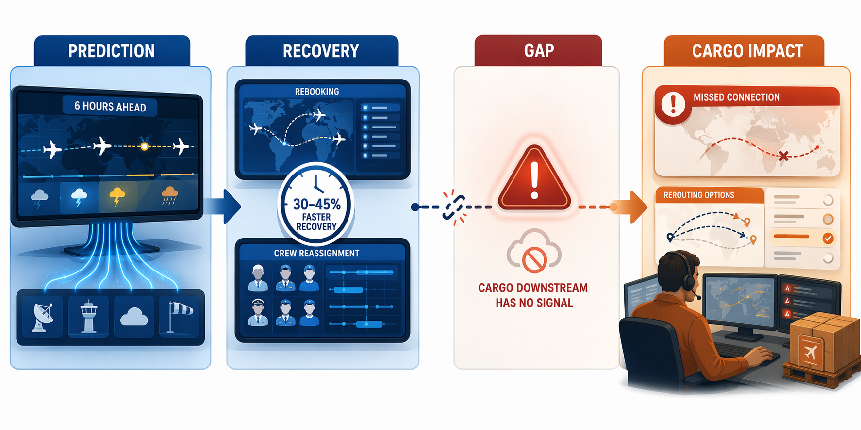 Workflow from airline AI prediction through recovery to a broken connection before cargo rerouting decisions