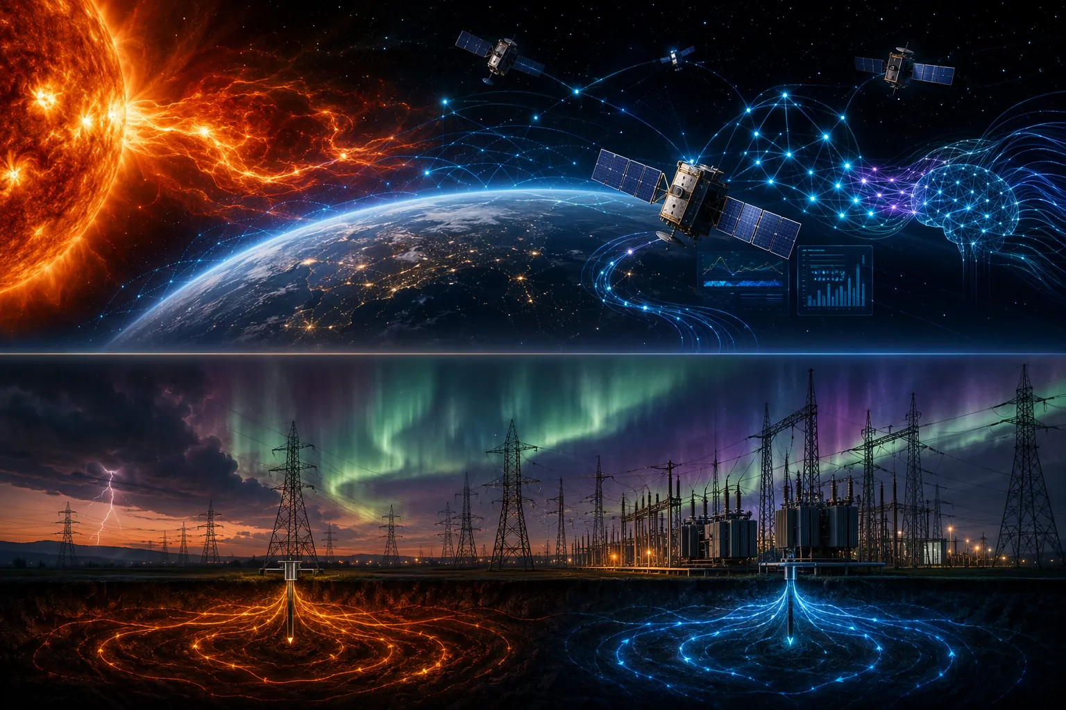 Space-based AI analysis layer separated from ground-level power grid infrastructure during a geomagnetic storm