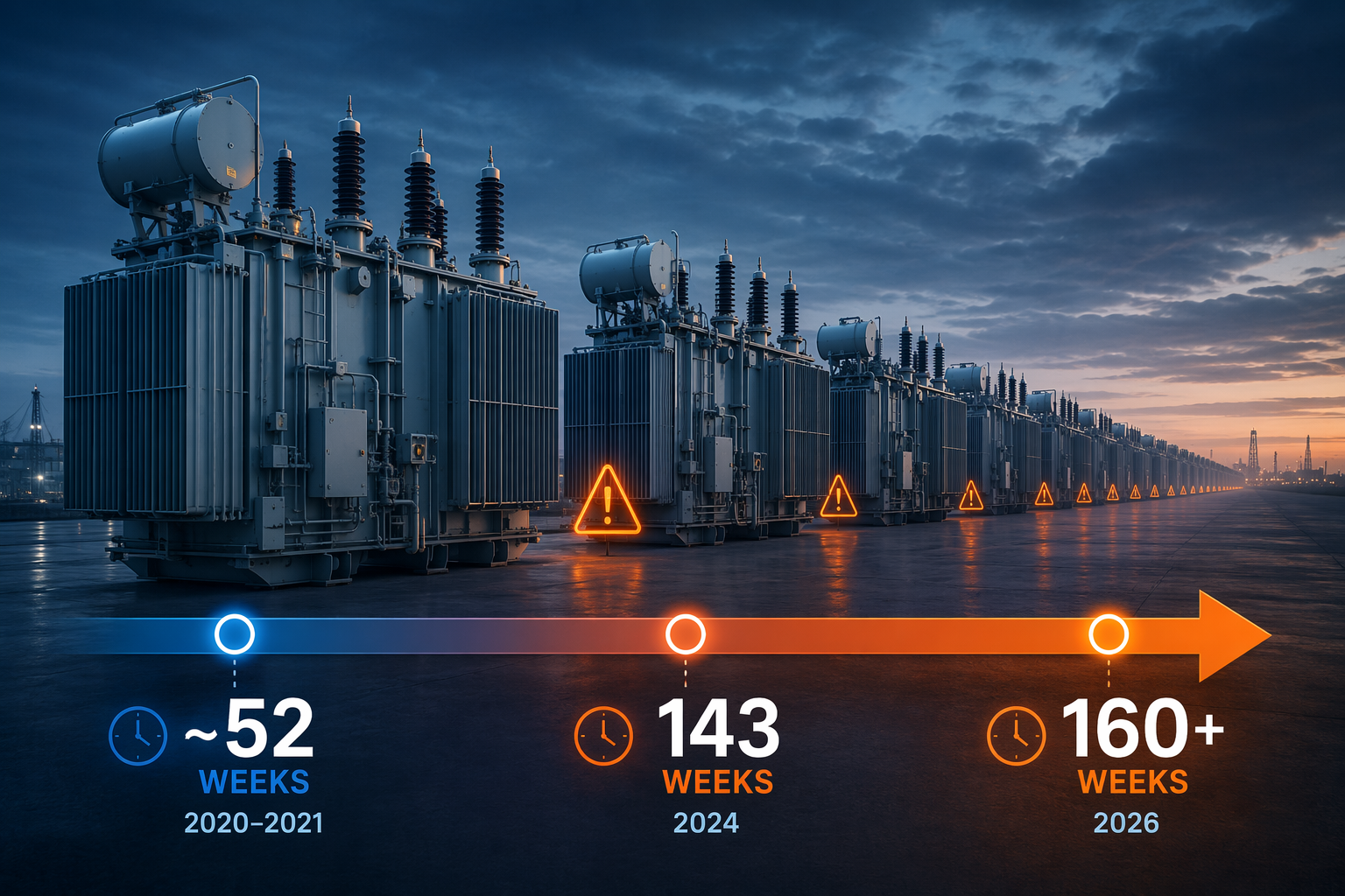 Conceptual queue of large power transformers with lead times rising from 52 weeks to 143 weeks to more than 160 weeks