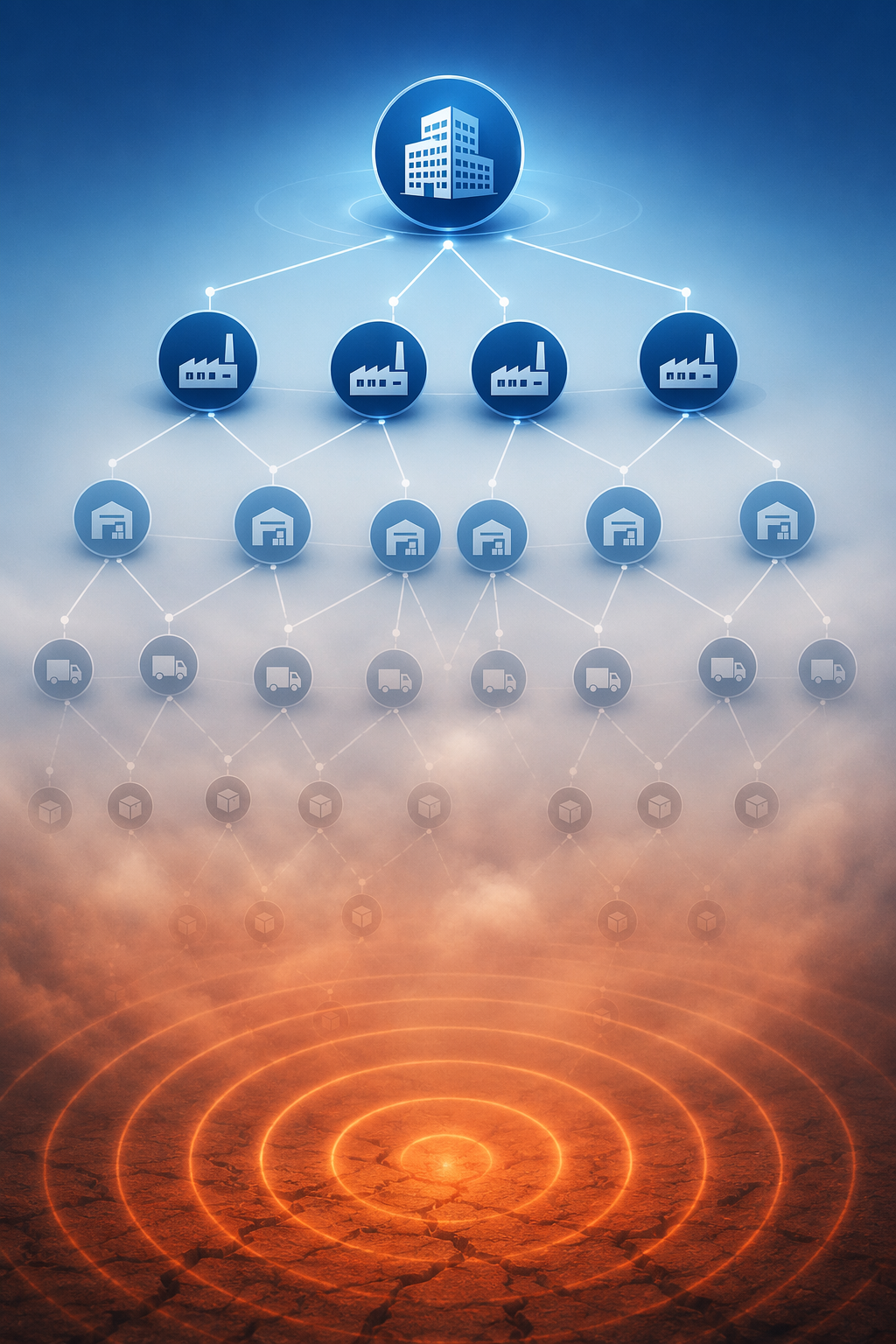 Layered supplier network with Tier-1 through Tier-4 nodes and lower-tier visibility gaps affected by seismic waves