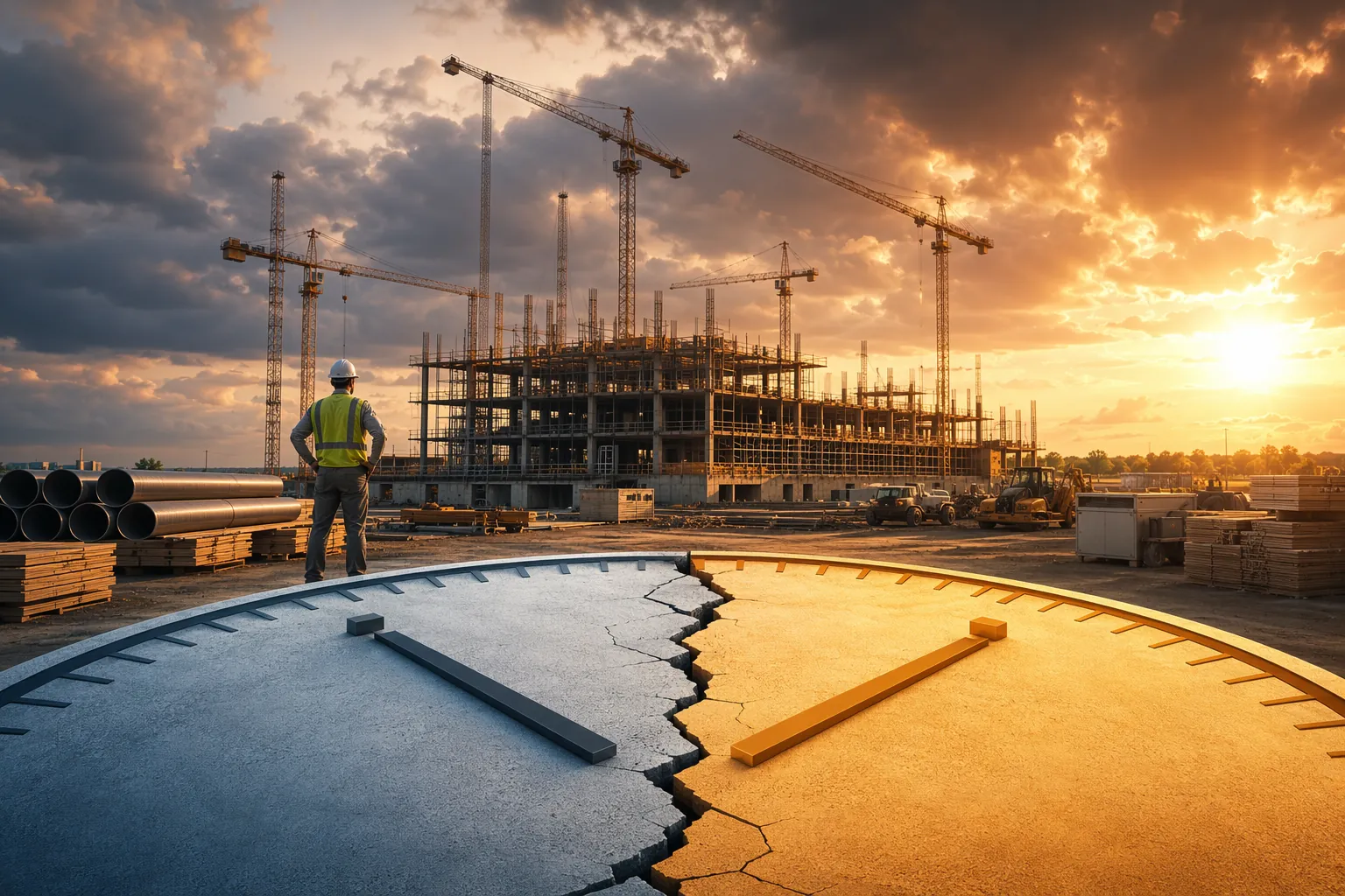 Large construction site with cranes and a visual split between longer payment terms and compressed payment timing