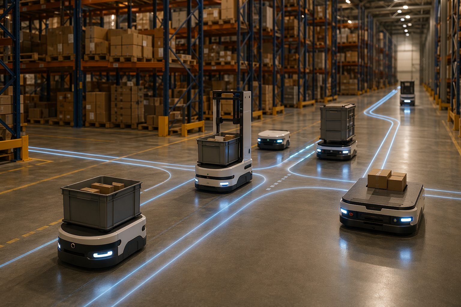 Autonomous mobile robots moving through warehouse aisles with coordinated routing paths