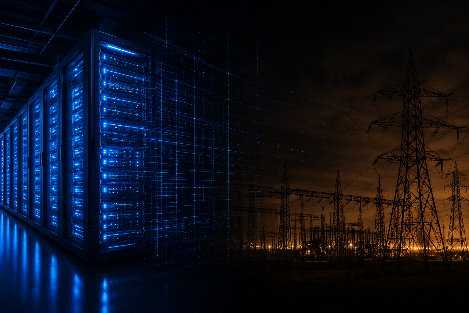 Glowing AI server rack shadowed by electrical grid infrastructure lines