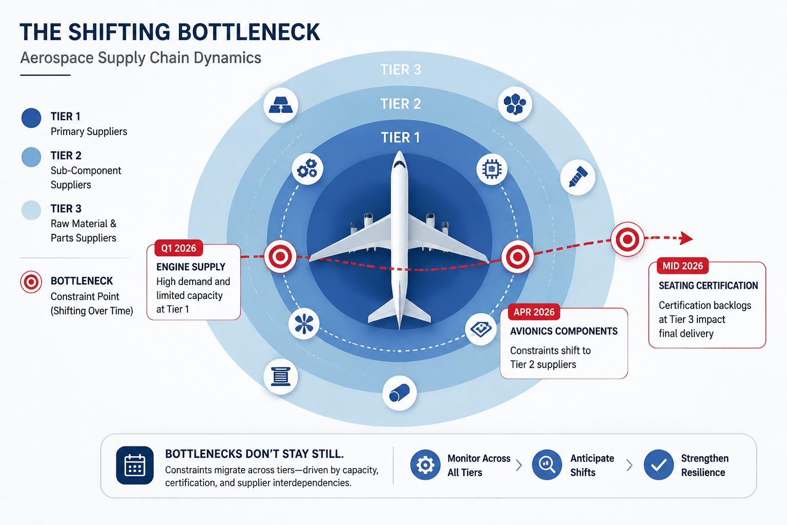 Stylized aircraft surrounded by supplier tiers with bottlenecks moving from engine supply to seating certification