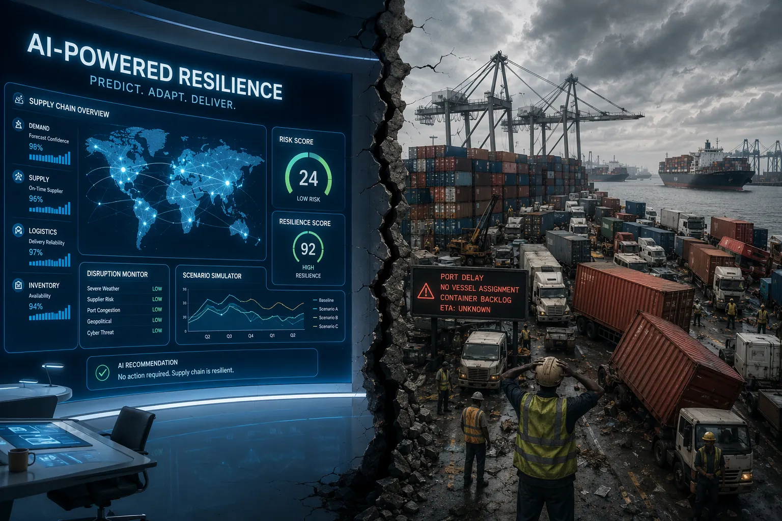 AI resilience dashboard split from a chaotic shipping port, showing the gap between marketing claims and operational reality