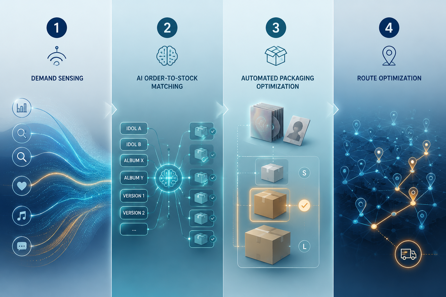 Workflow diagram showing demand sensing, order matching, packaging optimization, and route optimization