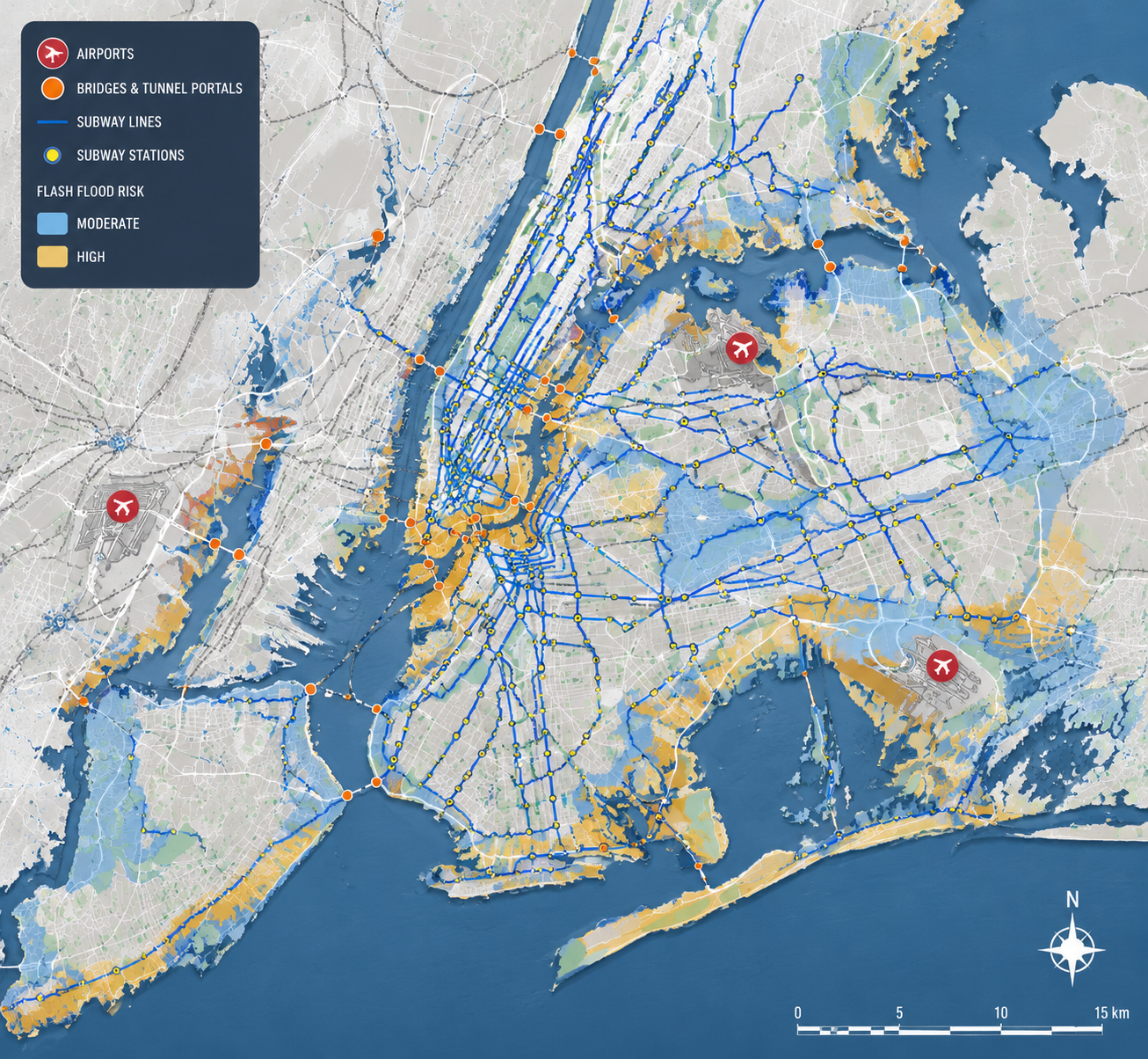 Map of the New York City metro region showing airports, tunnel portals, bridges, subway lines, and flood-risk overlays