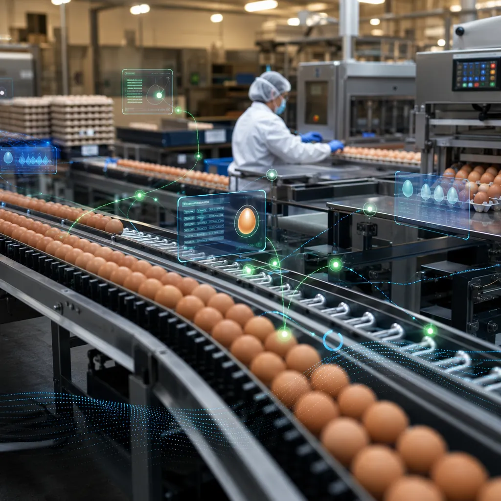 Egg production facility with conveyor belts, grading and packing stations, and digital traceability nodes connecting equipment and batches