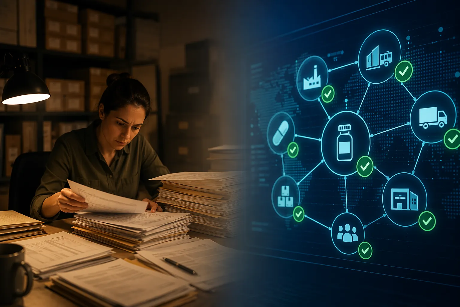 Manual recall paperwork contrasted with a digital supply chain dashboard of connected data nodes and verification checkmarks