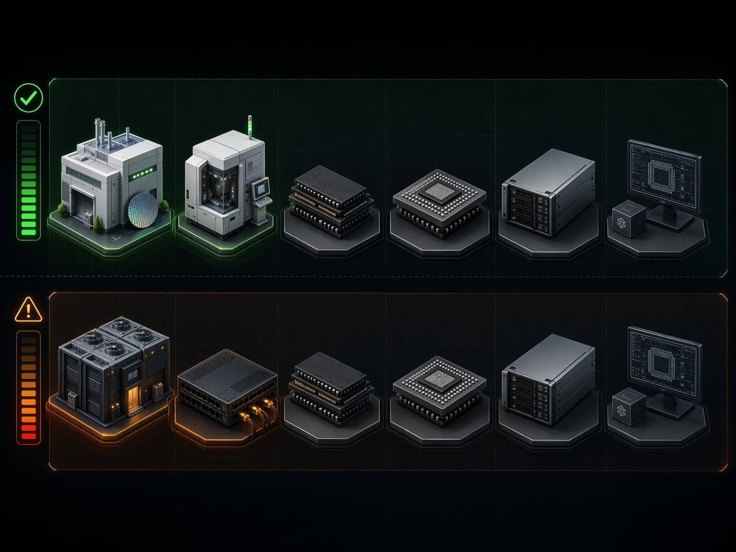 Comparison visualization of eight AI supply chain segments, highlighting foundry and semiconductor equipment as sweet spots and data center infrastructure and networking as higher-pressure segments