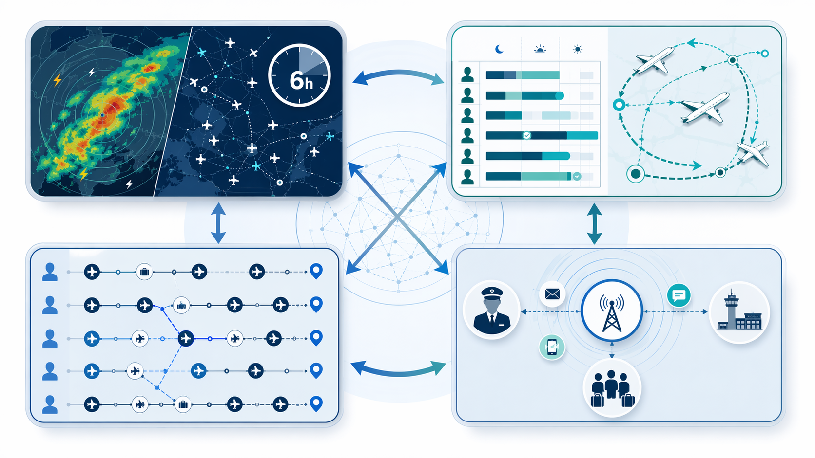 Four connected airline disruption management workflows covering prediction, crew and aircraft recovery, passenger reaccommodation, and communication