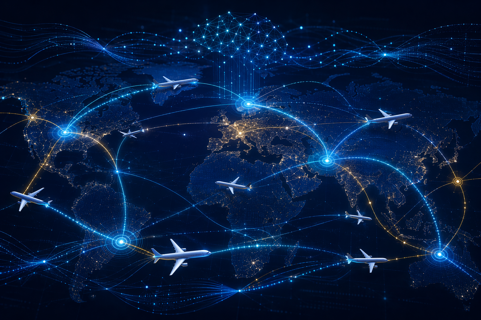 Abstract airline hub network with aircraft paths and optimization nodes between cities