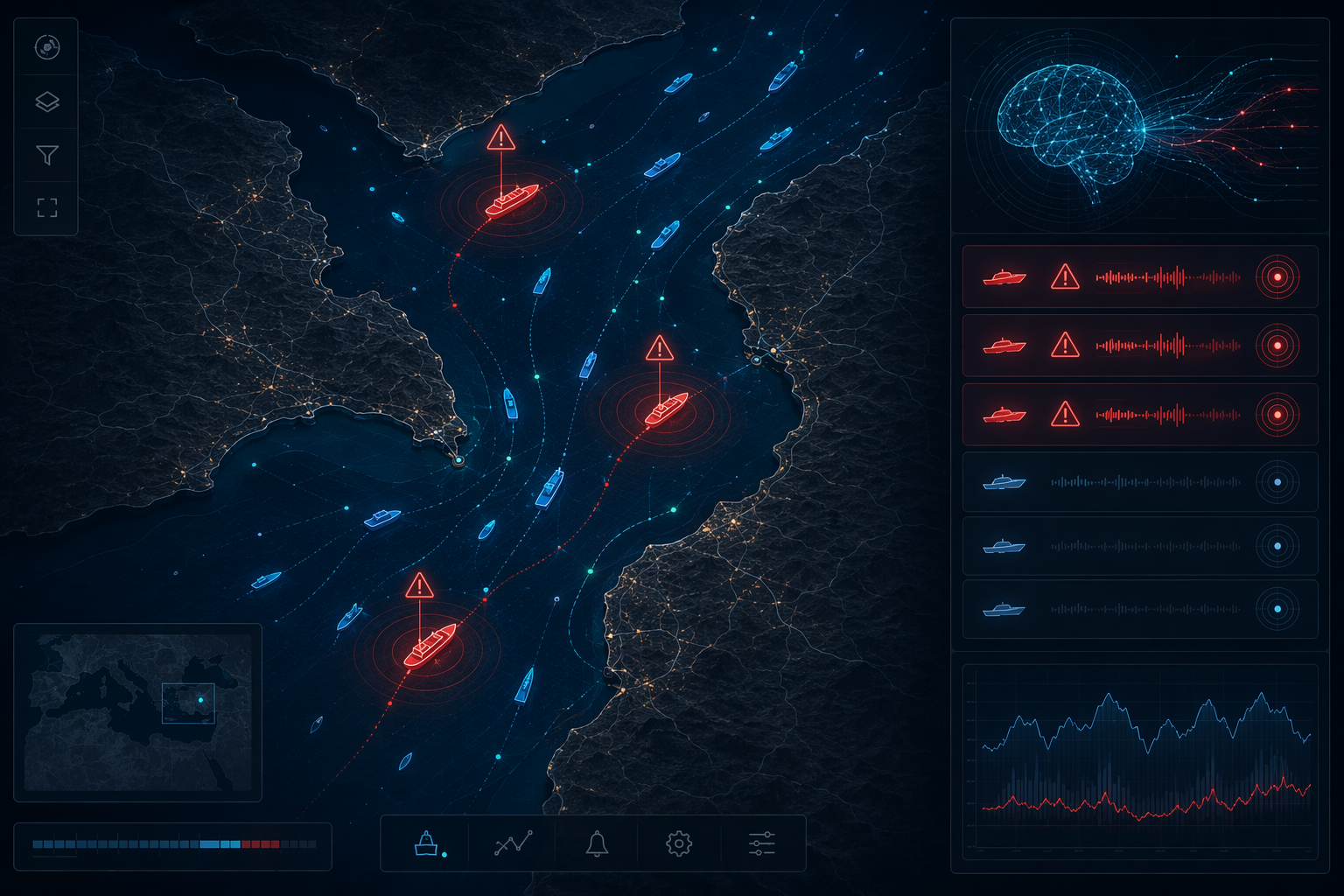 Maritime map interface with vessel icons and red warnings for anomalous AIS broadcasts