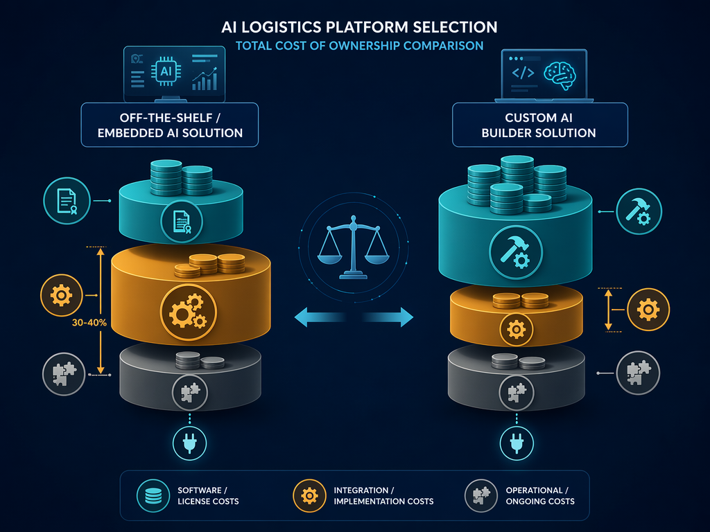 Side-by-side cost comparison illustration. Left stack shows moderate license fee blocks with a large integration layer segment; right stack shows higher upfront build blocks with a smaller integration segment. Coin stacks, gear icons, and plug icons represent cost components. Comparison arrows between the two columns. Navy background with teal and amber accents.
