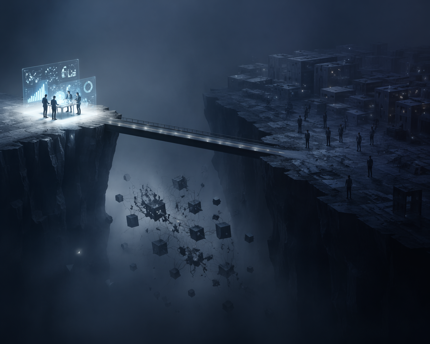 A bridge between pilot and production with data silos and readiness gaps in the middle