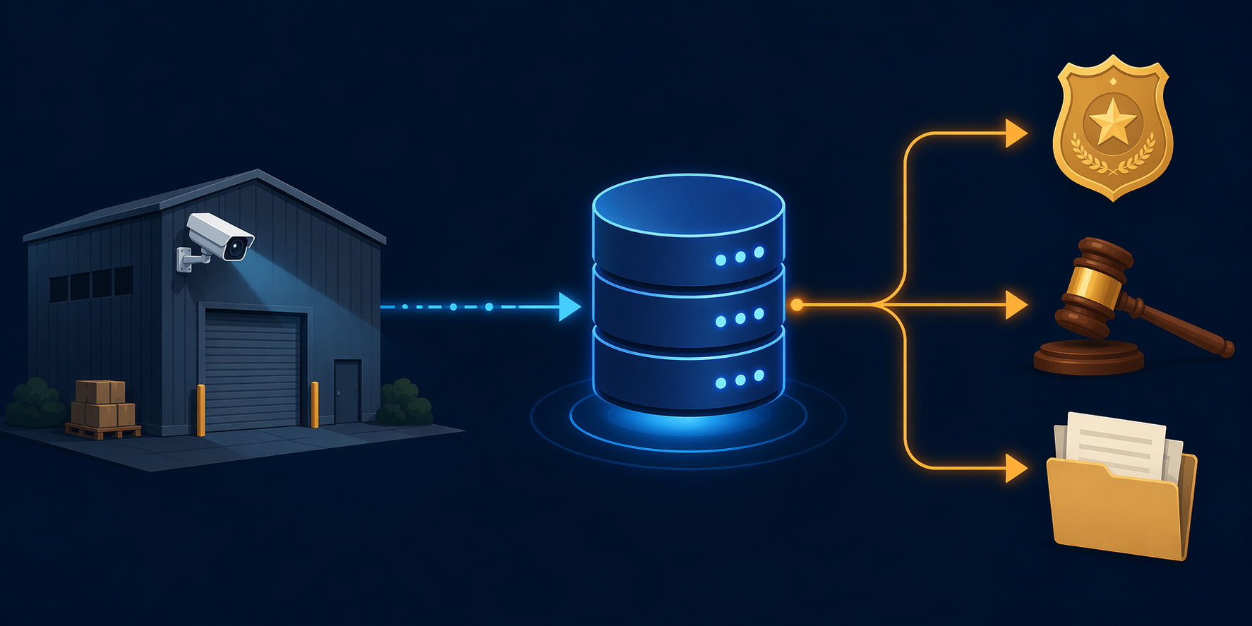 Diagram of a private warehouse camera sending data to a central database with branches to a police badge, courthouse gavel, and public-records folder
