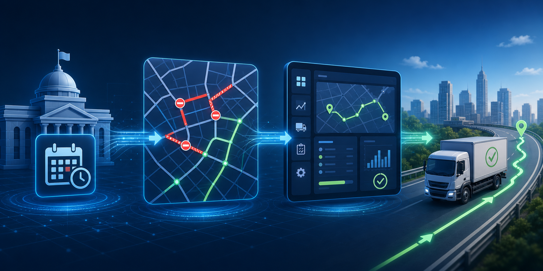 Data-flow pipeline showing a published road closure schedule becoming a route planning input through map matching and TMS integration