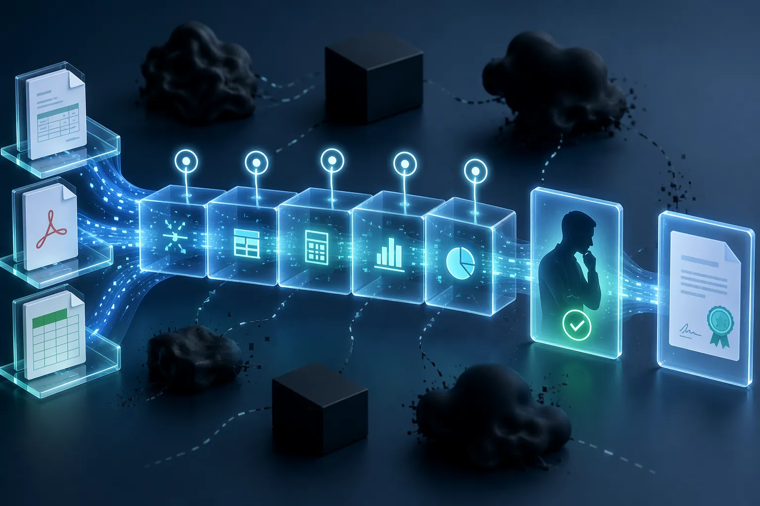 Transparent chain of sustainability data flowing from source documents through calculation steps, human approval, and a compliance certificate