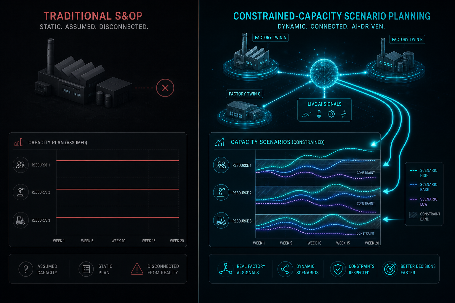 Split-panel comparison showing traditional assumed-capacity S&OP planning on the left in grey tones versus live constrained-capacity scenario planning with digital twin data on the right in teal and blue.