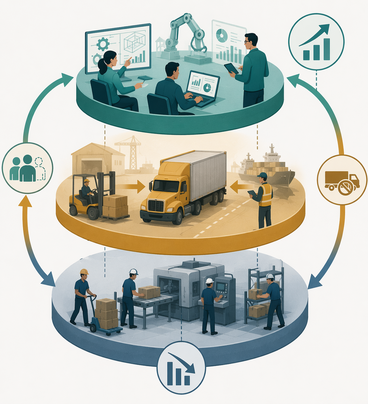 Interconnected frontline, driver, and technical workforce tiers with circular cause-effect arrows