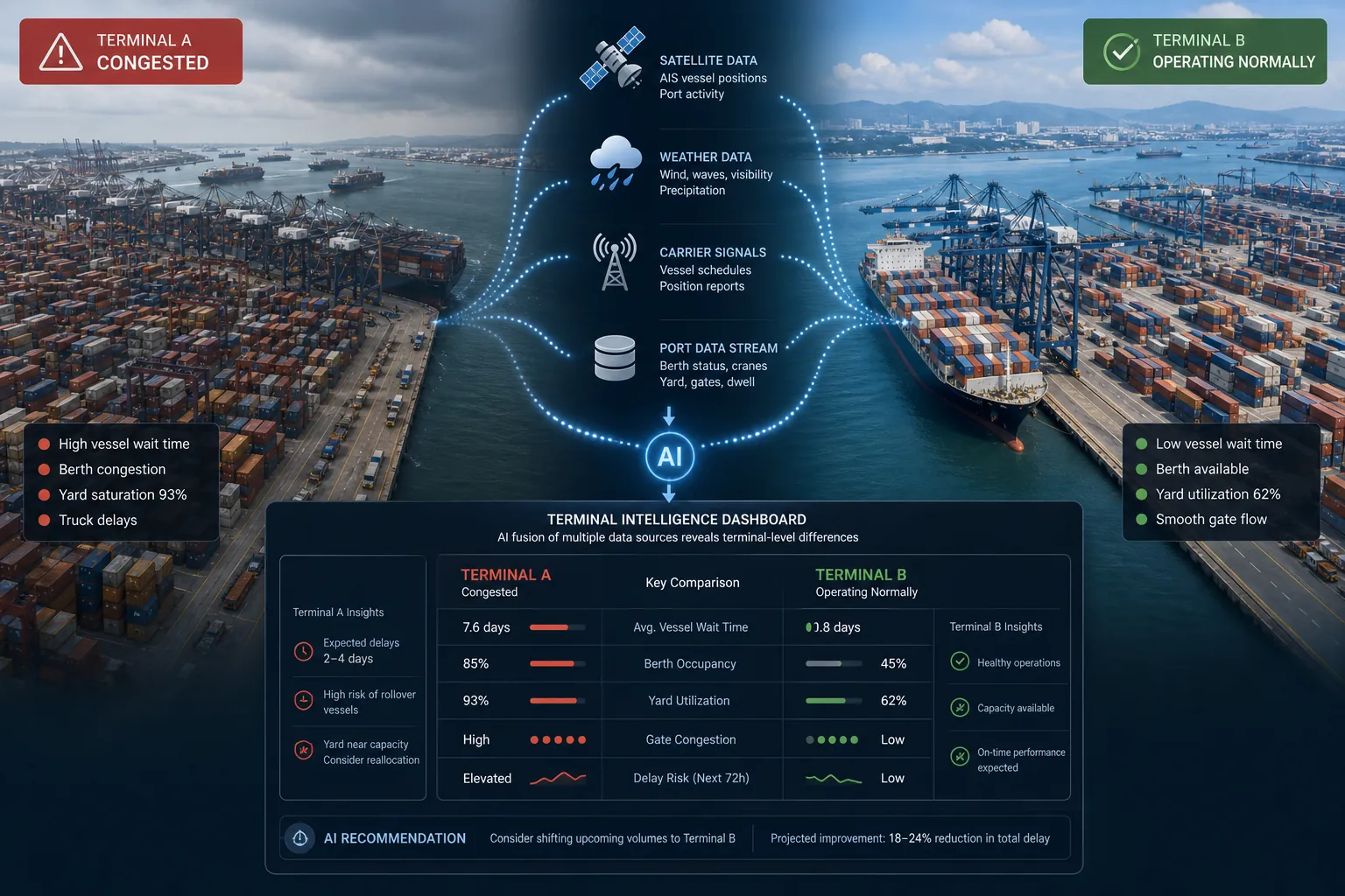 Split view of congested and clear container terminals with satellite, weather, carrier, and port data feeding an analysis interface