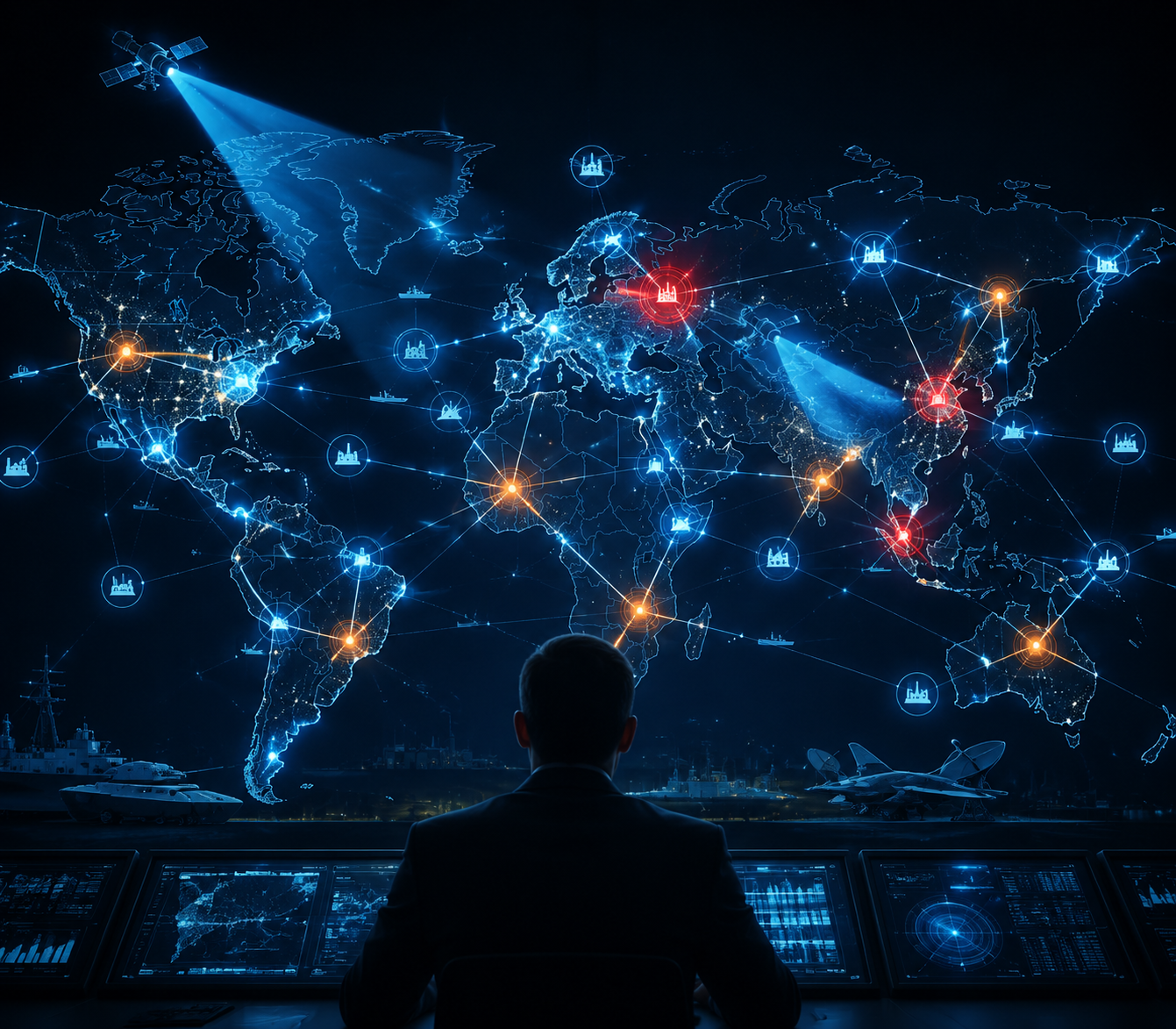 Global defense supply chain map with AI scanning beams highlighting risk nodes