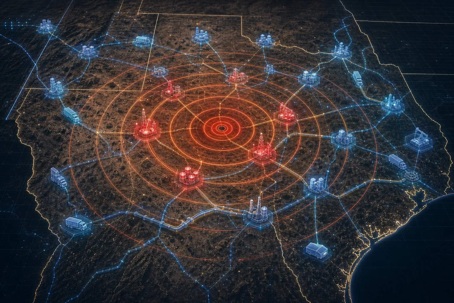 Digital map of West Texas and the Permian Basin showing an earthquake epicenter, seismic radius rings, supply chain nodes, and pipeline routes
