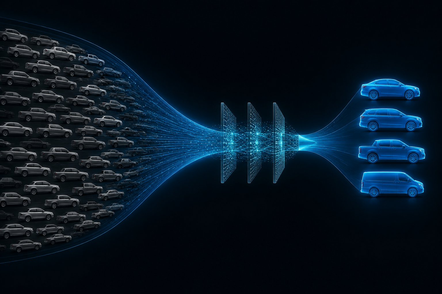 Vehicle data funnel narrowing a broad recall population to four highlighted vehicles