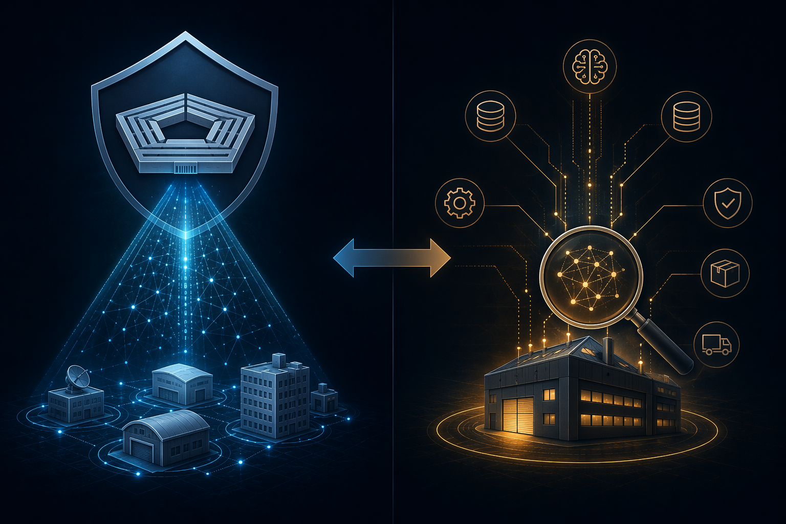 Government AI audit beams scanning contractor suppliers while a contractor scans its own internal AI systems