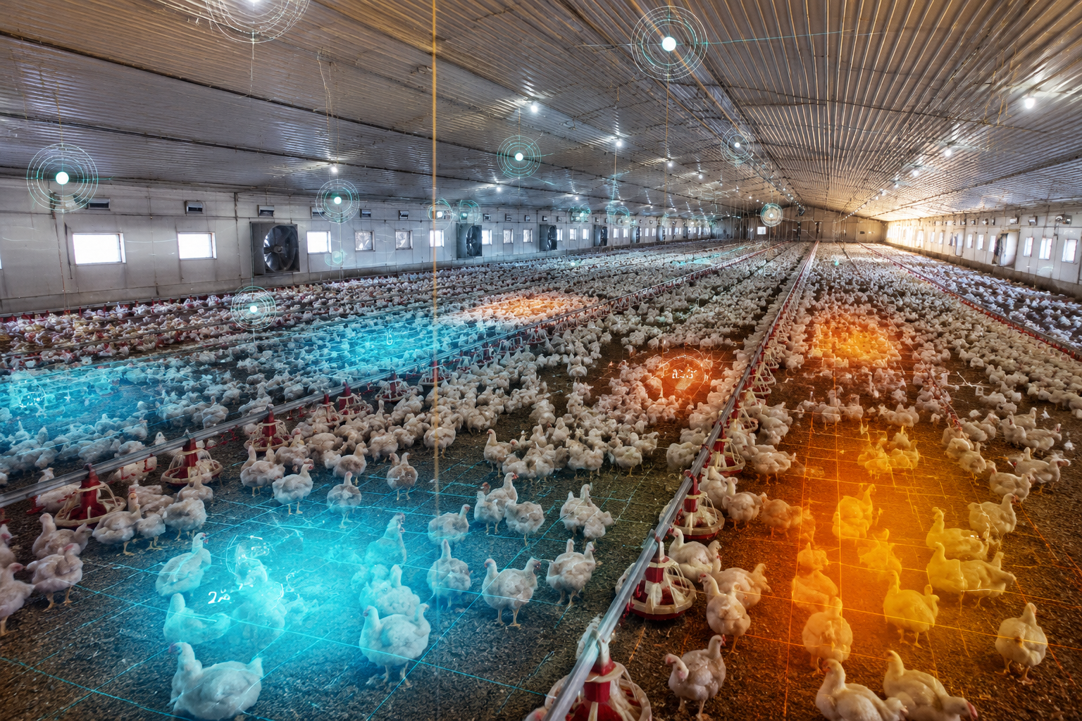 Commercial poultry barn with AI surveillance overlays monitoring the flock