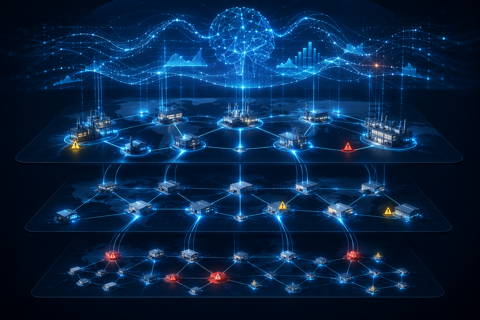Multi-tier supplier network with AI monitoring overlays and highlighted risk nodes