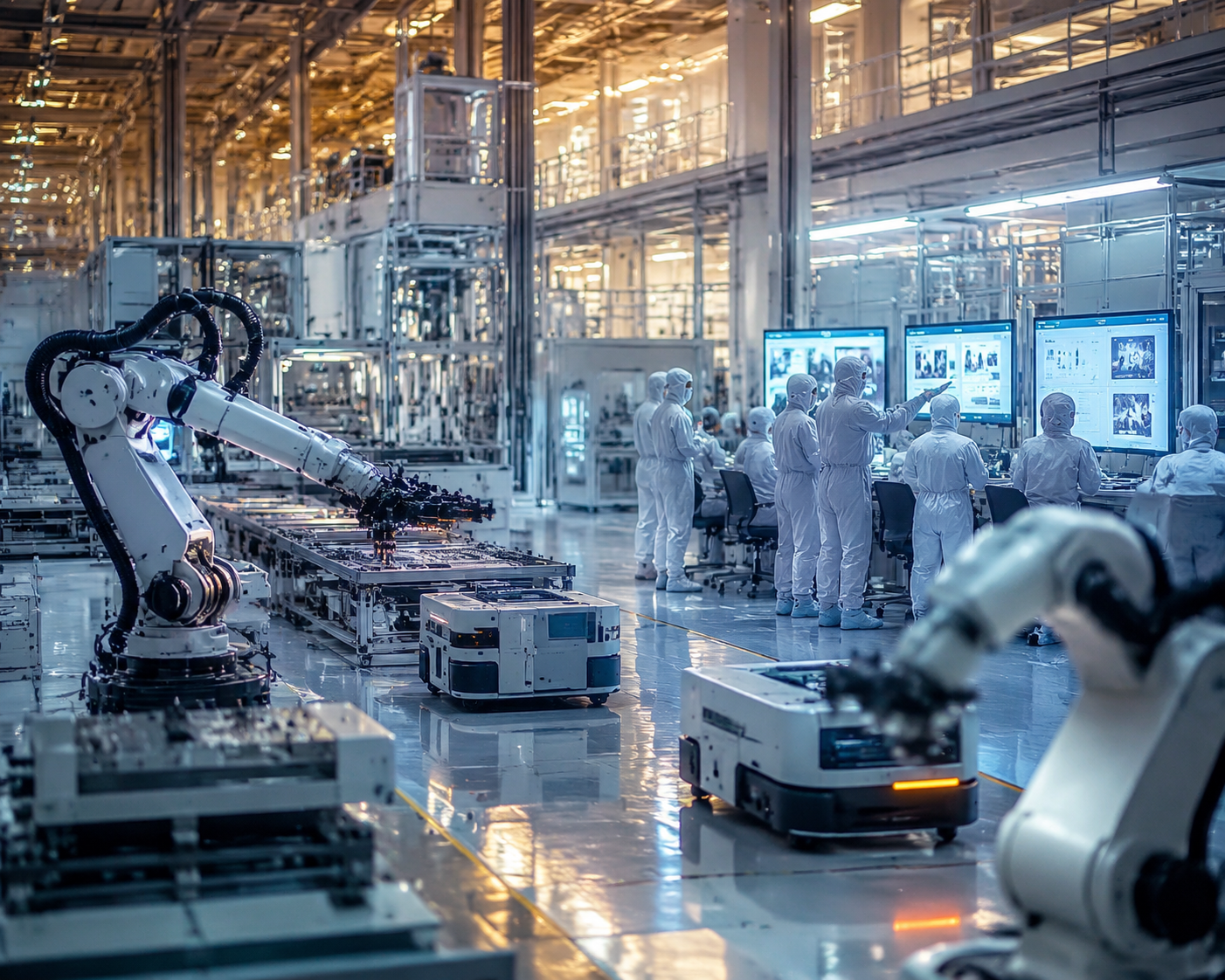 Modern semiconductor factory with robotic arms, autonomous vehicles, and workers reviewing digital skill-upgrade screens