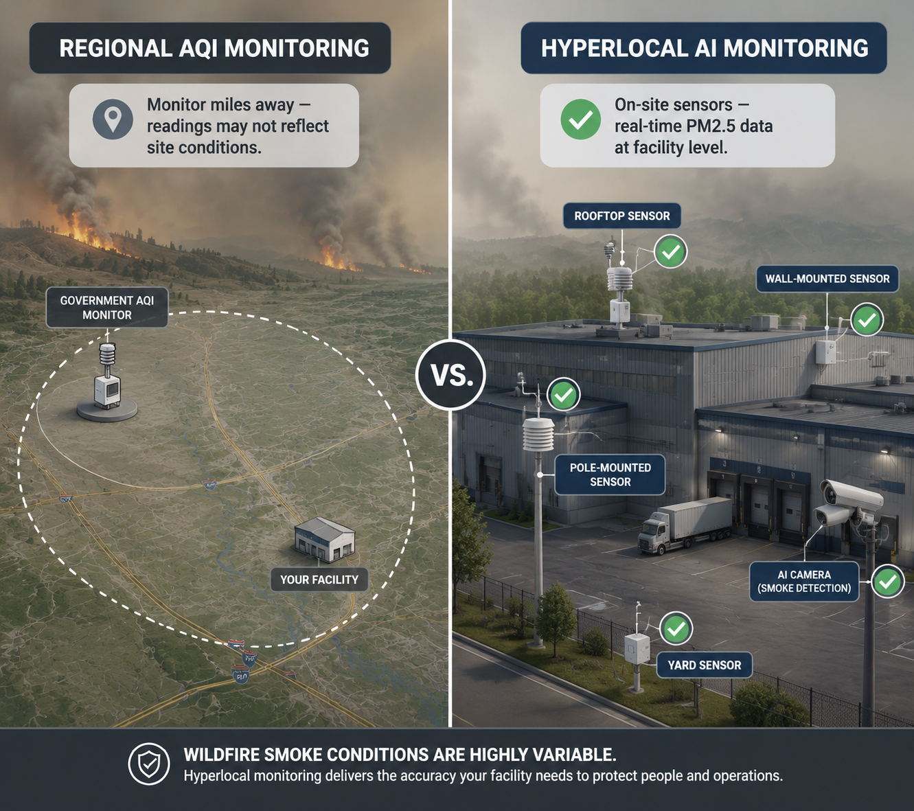 Comparison of regional AQI monitoring far from a warehouse and hyperlocal AI monitoring with multiple on-site sensors