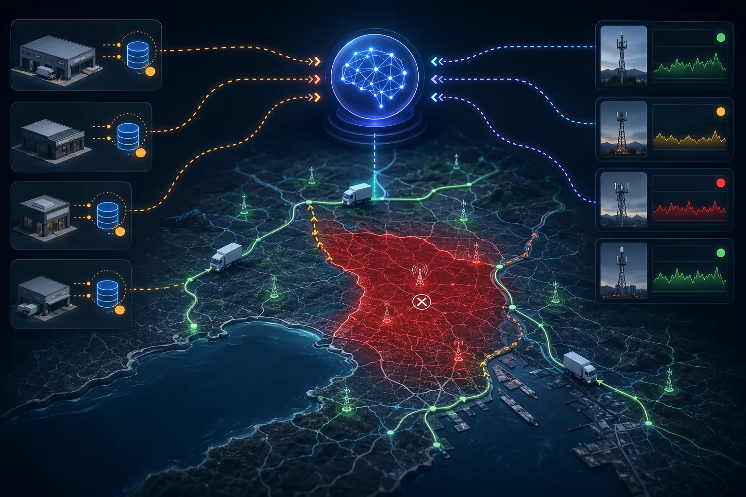Control tower dashboard showing outage zones, deferred sync, rerouted trucks, and ISP telemetry