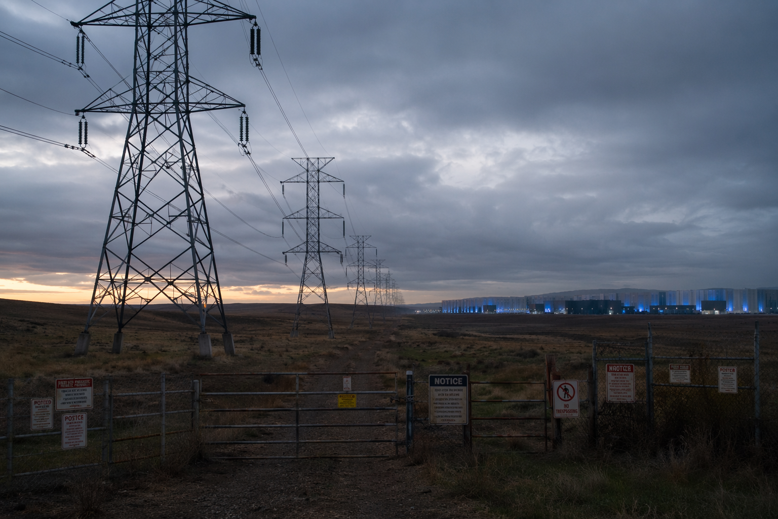 High-voltage transmission lines interrupted by a contested rural boundary while an AI data center campus remains unreachable in the background