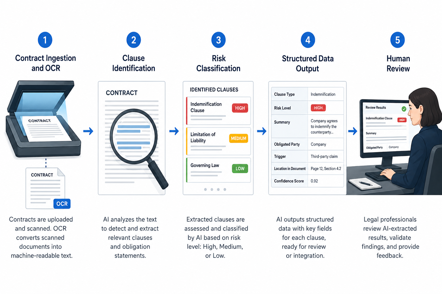 A five-stage workflow diagram for AI contract risk extraction from ingestion and OCR through human review