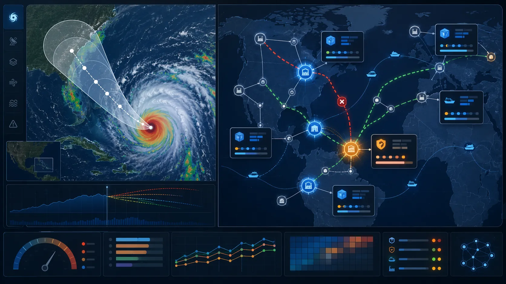 Scenario simulation showing closed routes, repositioned inventory, alternate fulfillment paths, and safety stock before storm landfall