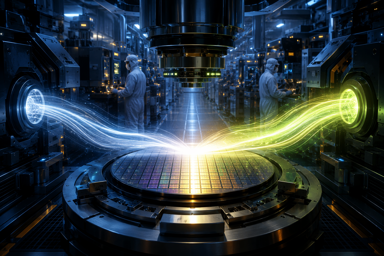 Semiconductor foundry cleanroom where two streams of light converge on a central wafer platform