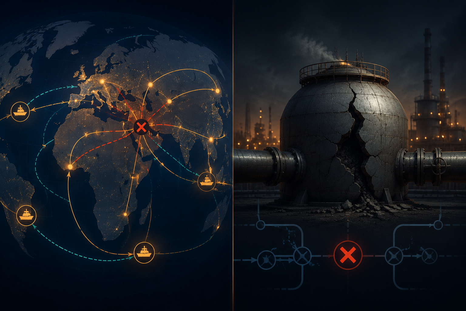 Split illustration comparing trade flows rerouting around sanctions with a cracked industrial storage tank removed from service by physical interdiction