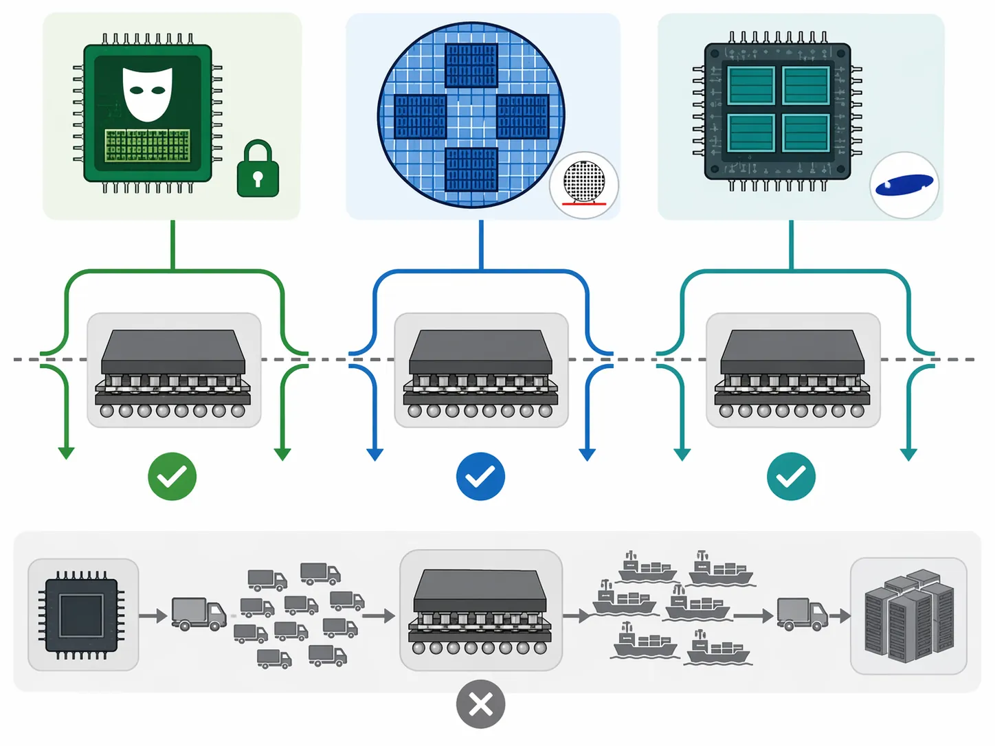 Comparison diagram of mask-ROM, wafer-scale SRAM, and SRAM foundry routes bypassing a central chip supply-chain bottleneck