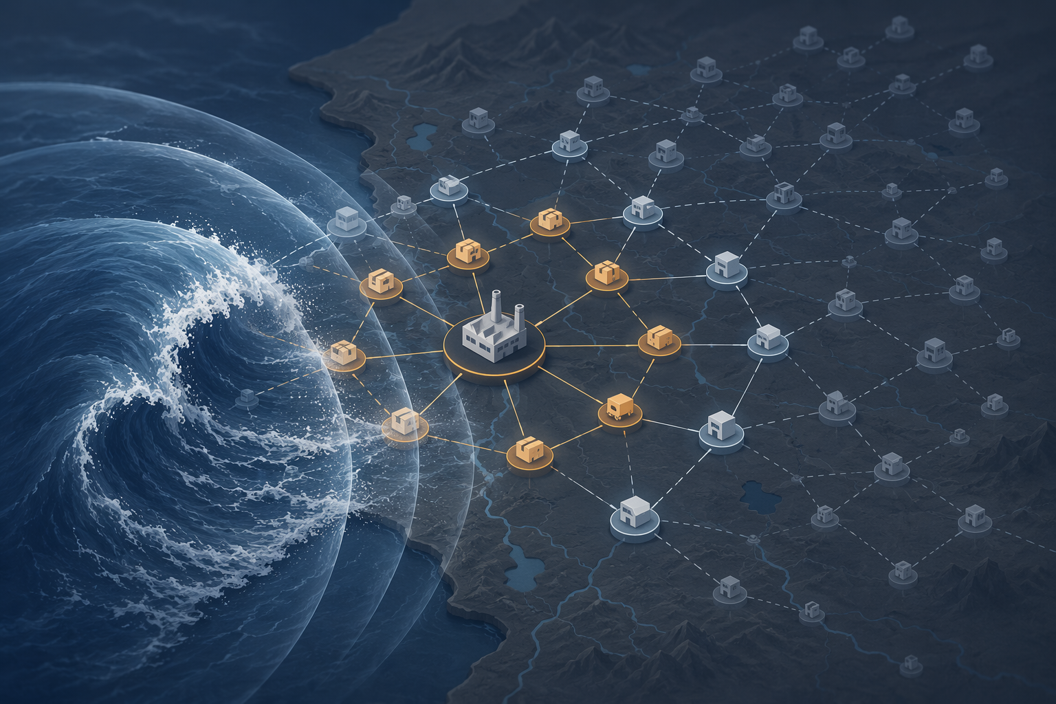 Multi-tier supplier network with tsunami exposure intersecting upstream dependencies
