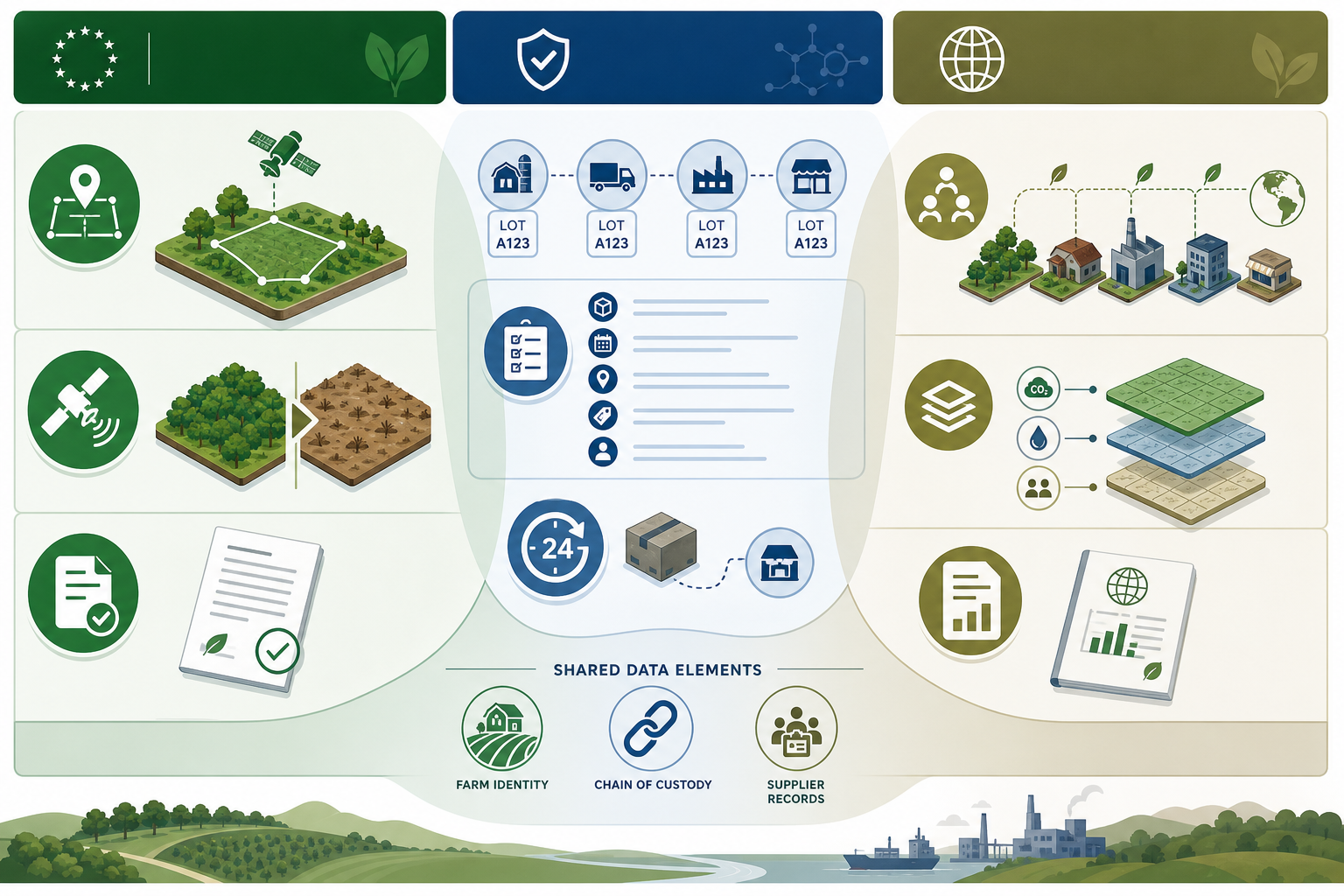Three-column comparison of EUDR, FSMA 204, and CSRD data demands with overlapping shared traceability elements