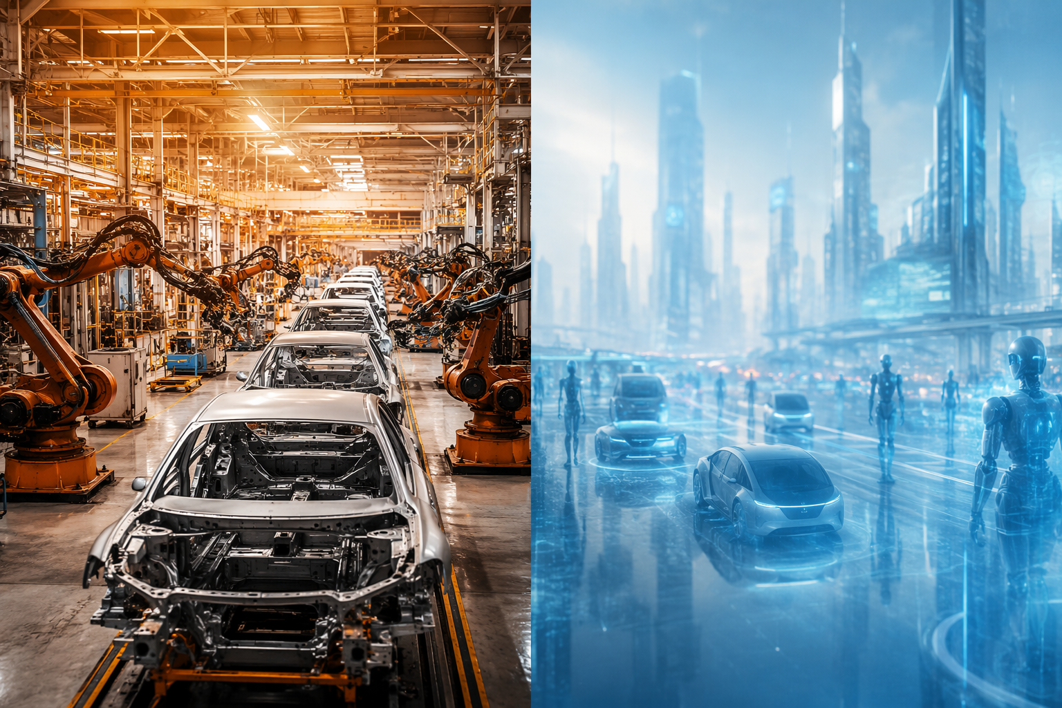 Split-screen view of an automotive factory floor and a speculative future city with autonomous vehicle and humanoid robot silhouettes