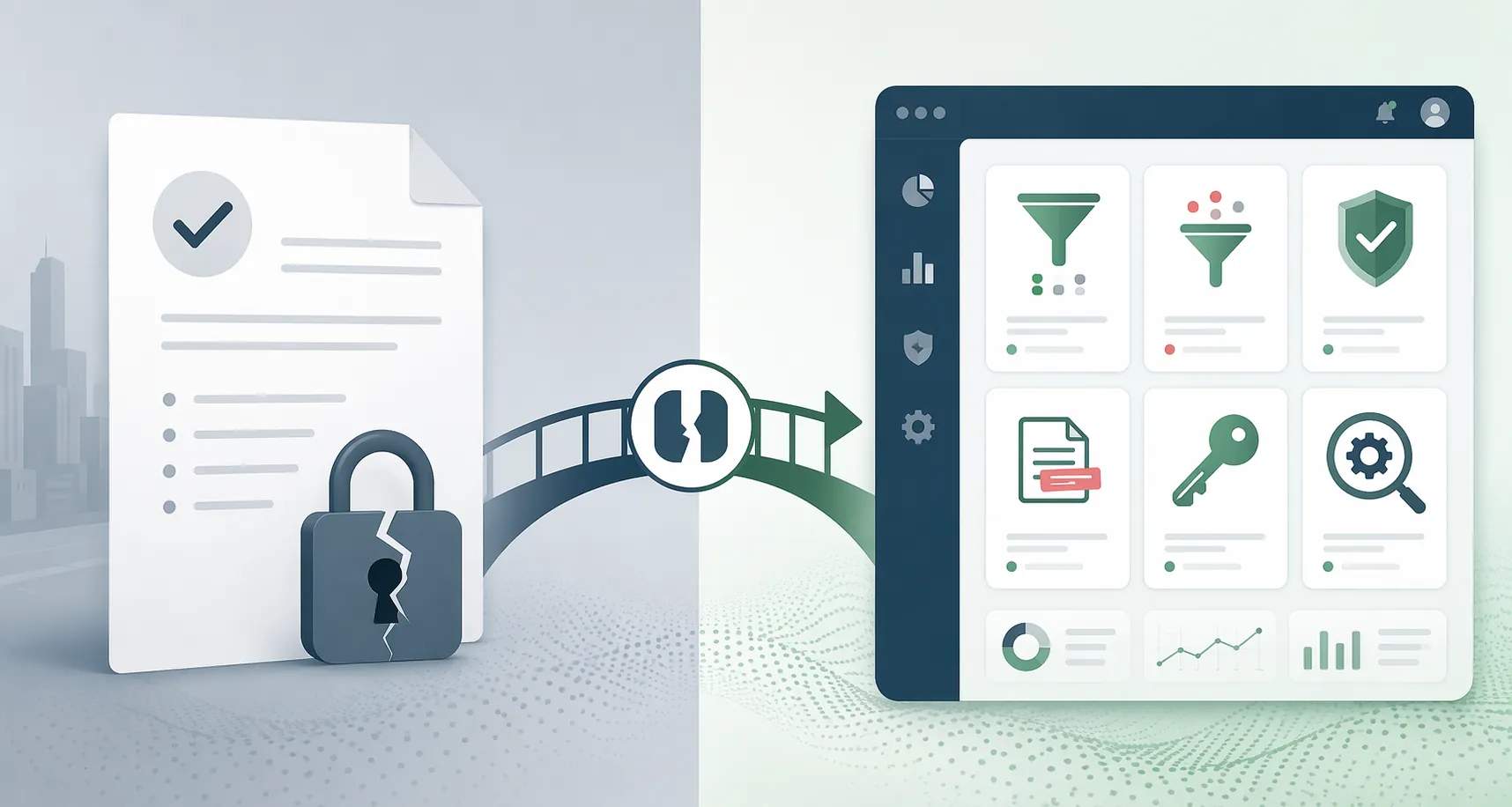 Generic AI policy document contrasted with a controls dashboard for data classification, blocked inputs, approved configurations, redaction, credential hygiene, and third-party risk review
