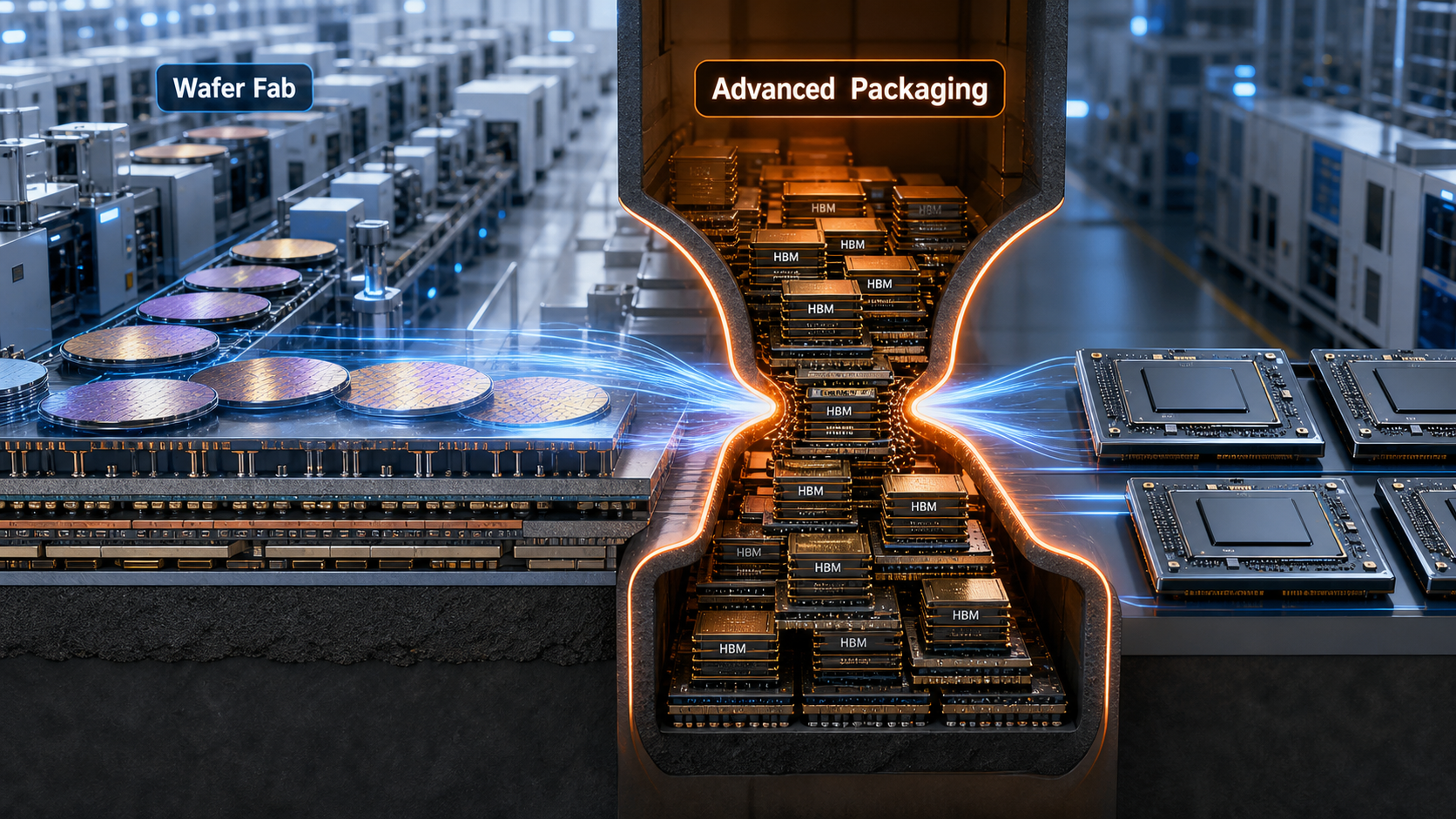 Wafer fabrication feeding into an advanced packaging and HBM bottleneck