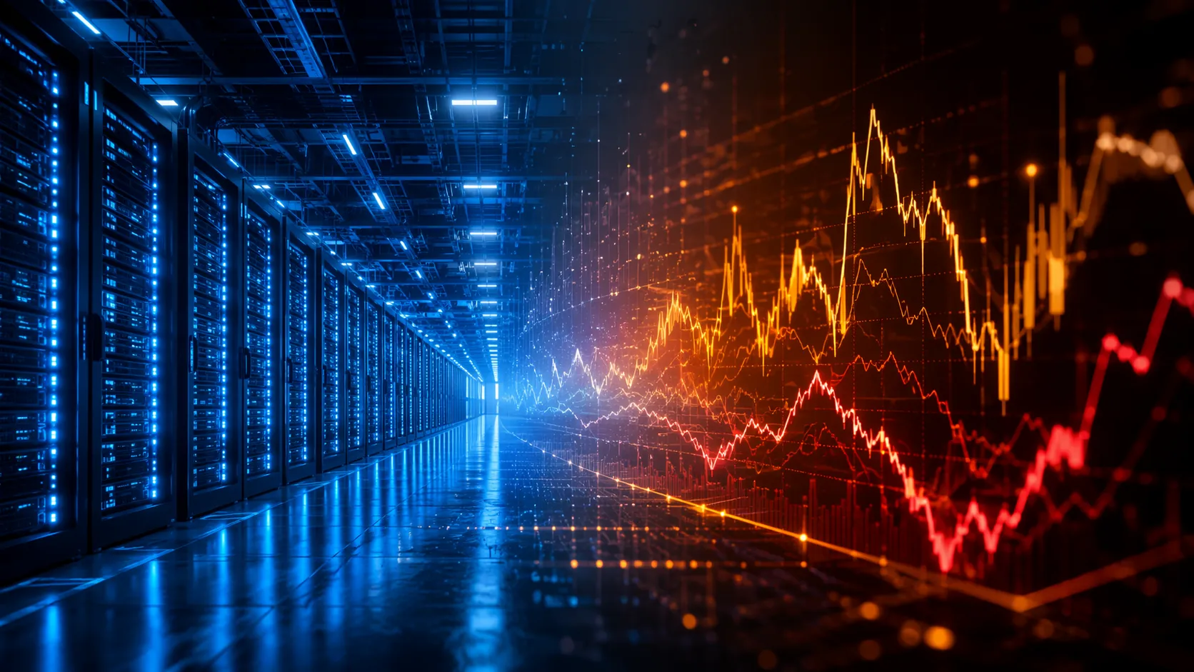 AI data center interior merging into abstract stock market volatility waves