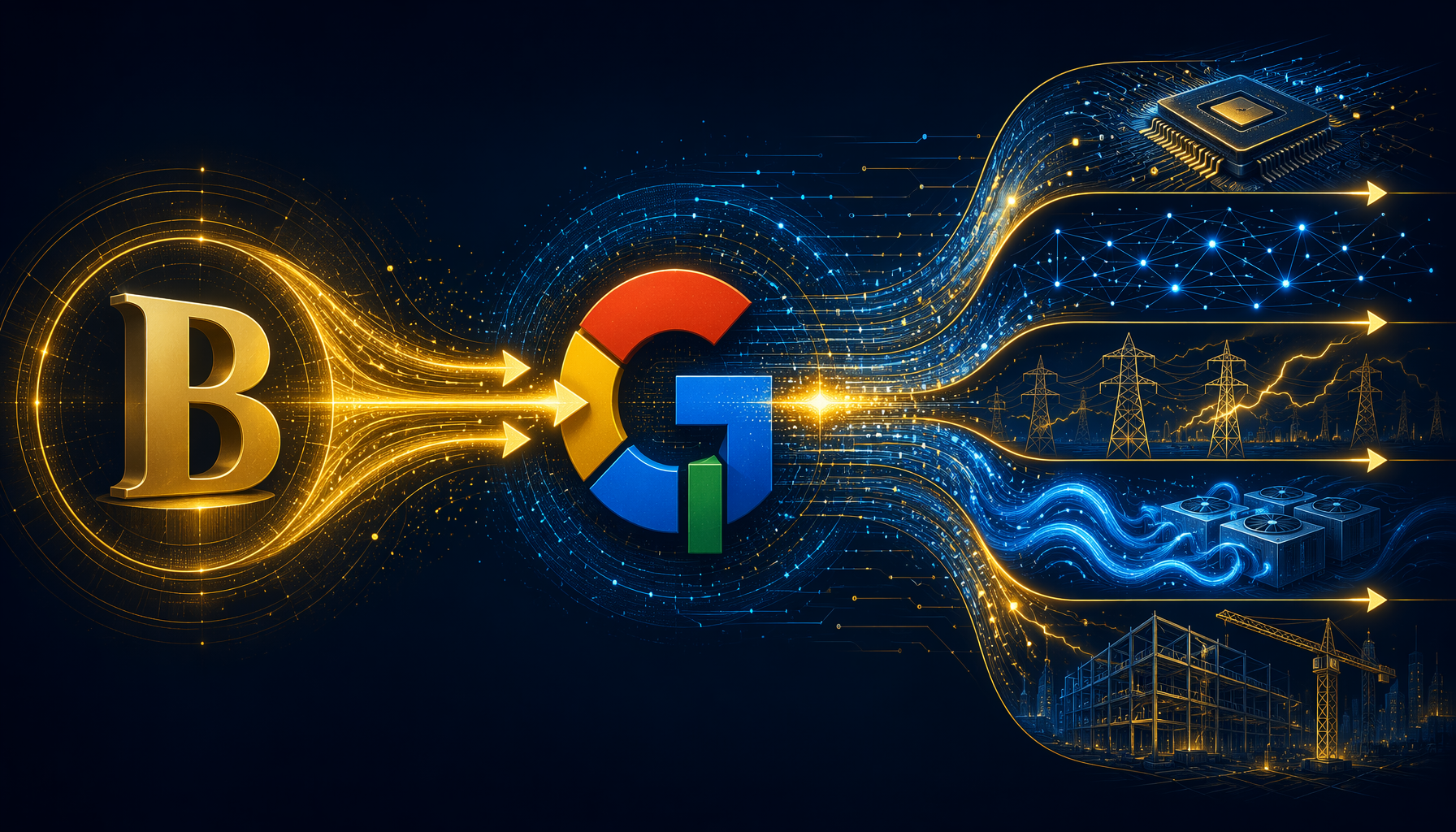 Capital flowing from Berkshire Hathaway through Alphabet into semiconductor, networking, power, cooling, and construction supply chain layers