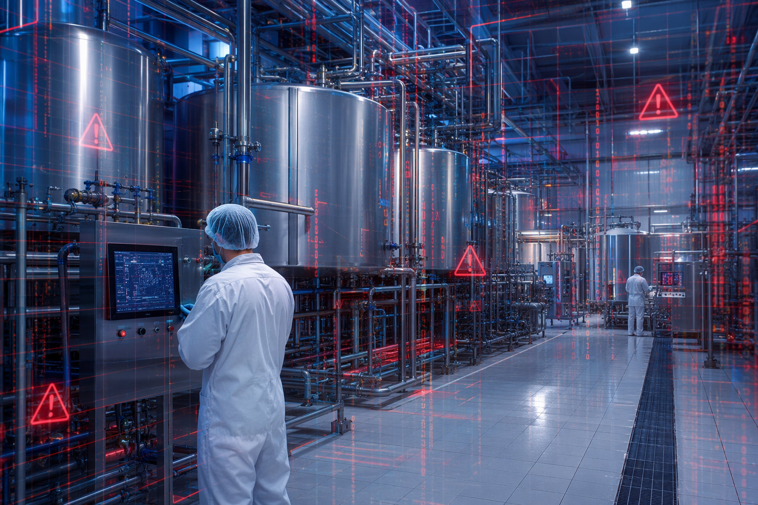 Modern dairy processing facility overlaid with cyber intrusion warning graphics
